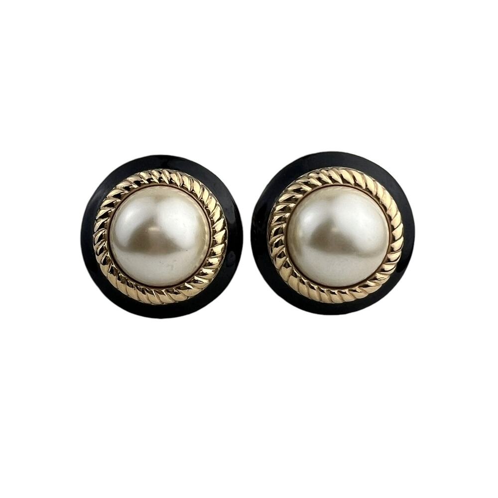 KJL Vintage Faux Pearl Clip On Earrings Round Rope Black Enamel Gold Tone